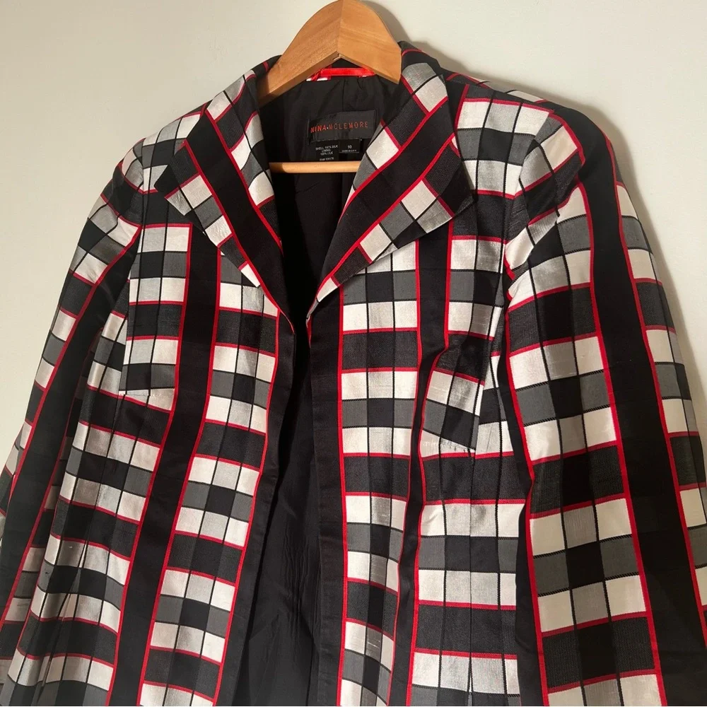 Nina Mclemore Red Black White Checked Silk Blazer Size 10 - Picture 3 of 15